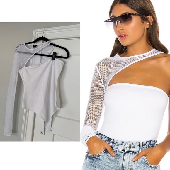 h:ours Tops - h:ours White Asymmetrical Mesh Sleeve Bodysuit